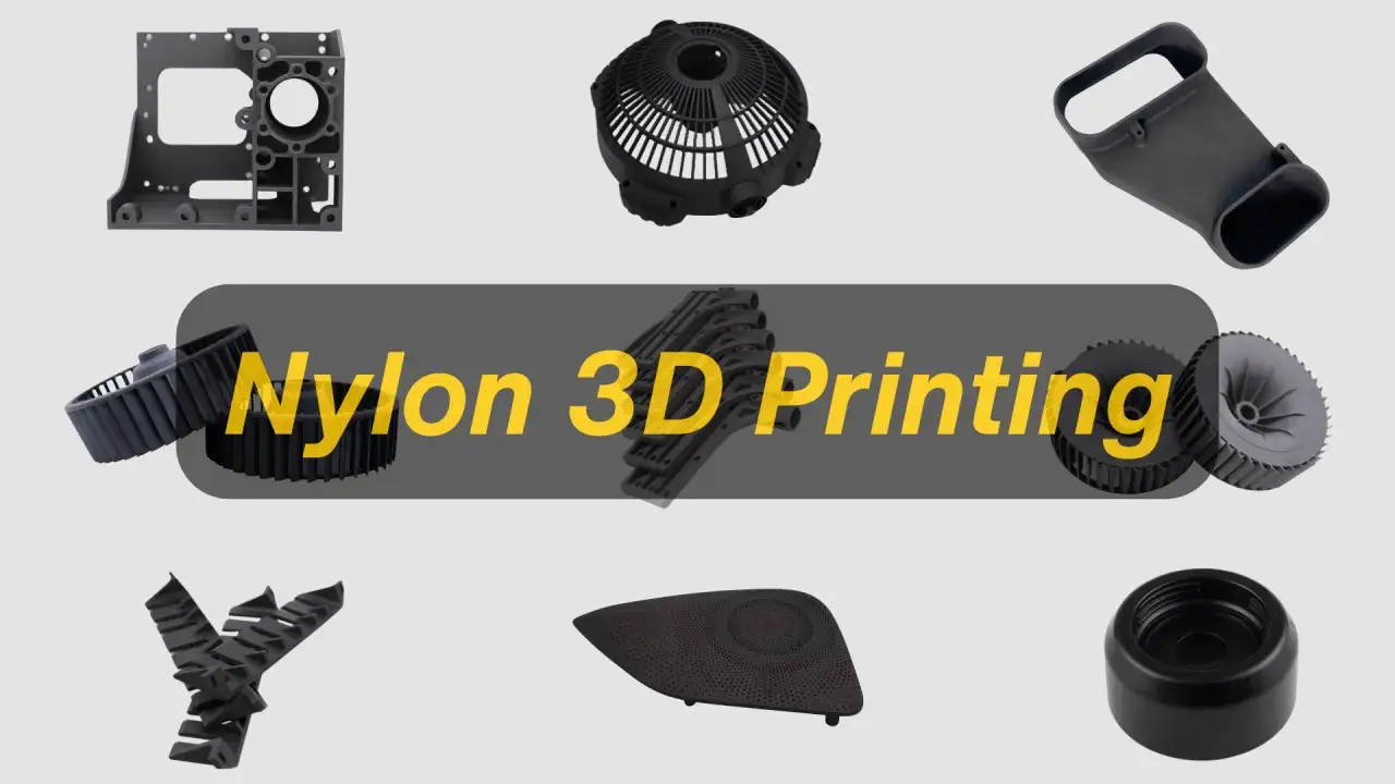Various black SLS parts, including fan blades, a housing, and a speaker grille, showcase the versatility of Nylon 3D Printing.