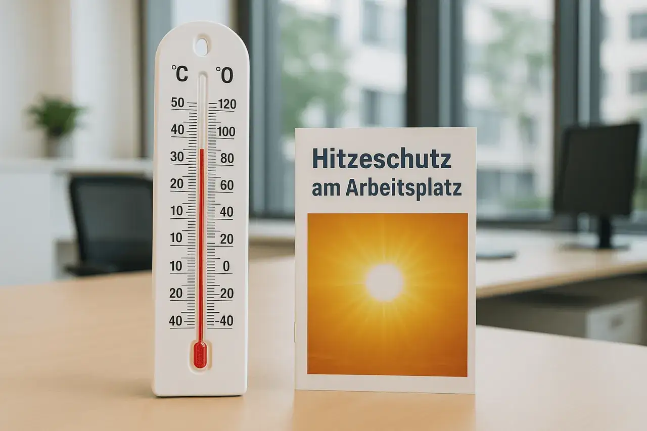 Ein Thermometer zeigt hohe Temperaturen an, neben einem Schild mit der Aufschrift 