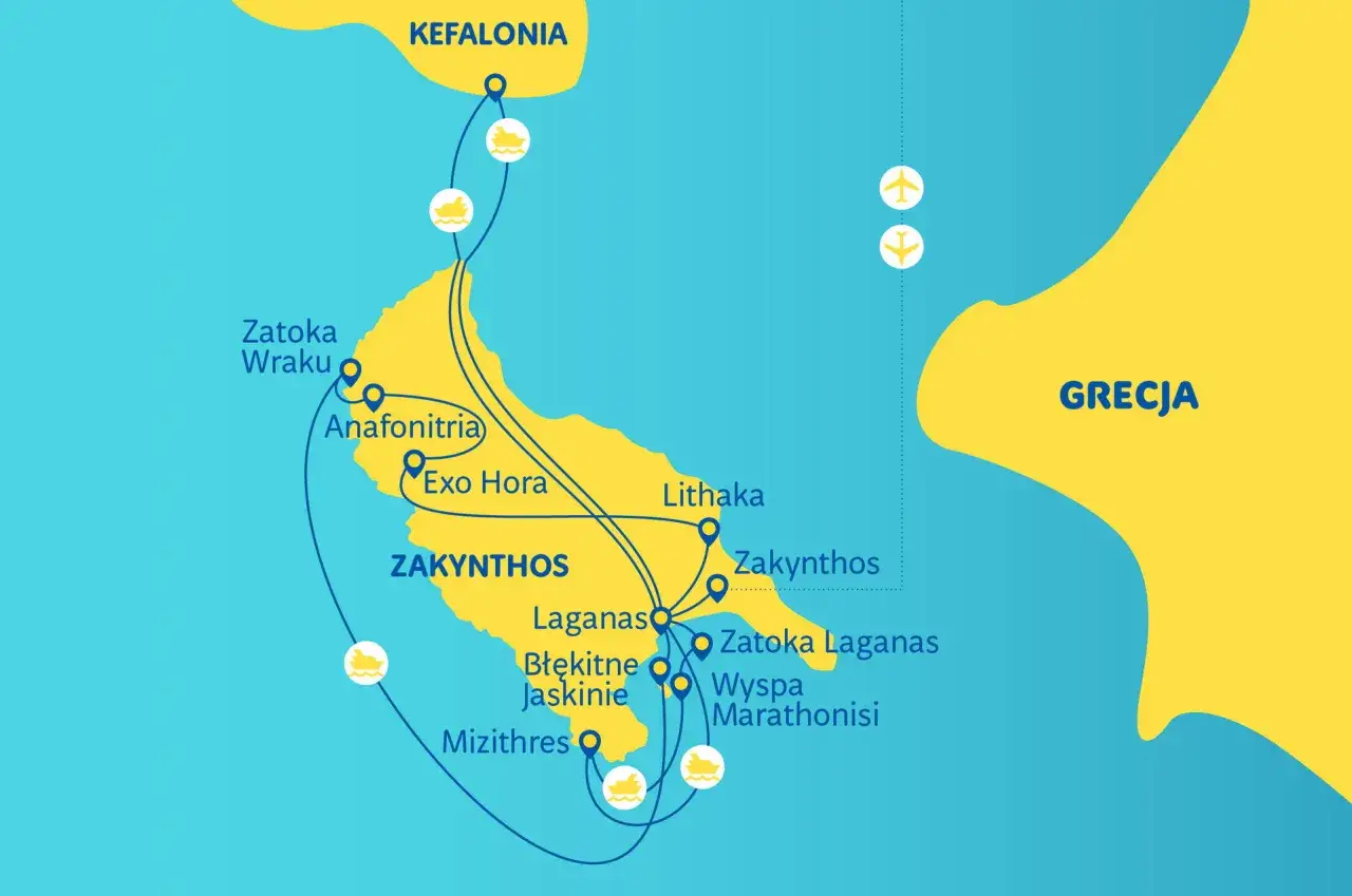 Mapa Grecji z zaznaczonym Zakynthos. Pokazuje trasy statków i samolotów, sugerując, ile się leci na Zakynthos.