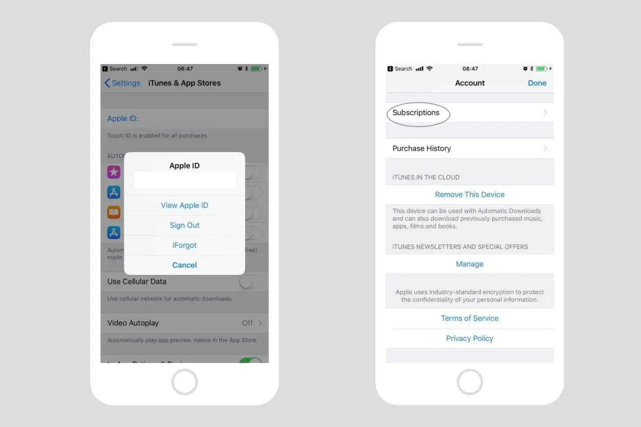 Ekran telefonu z opcjami zarządzania kontem Apple ID. Widać menu 