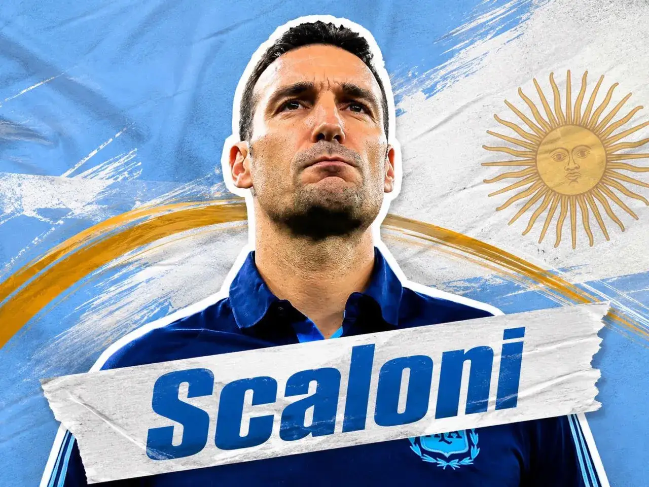 Lionel Scaloni, trener Argentyny, na tle flagi narodowej.