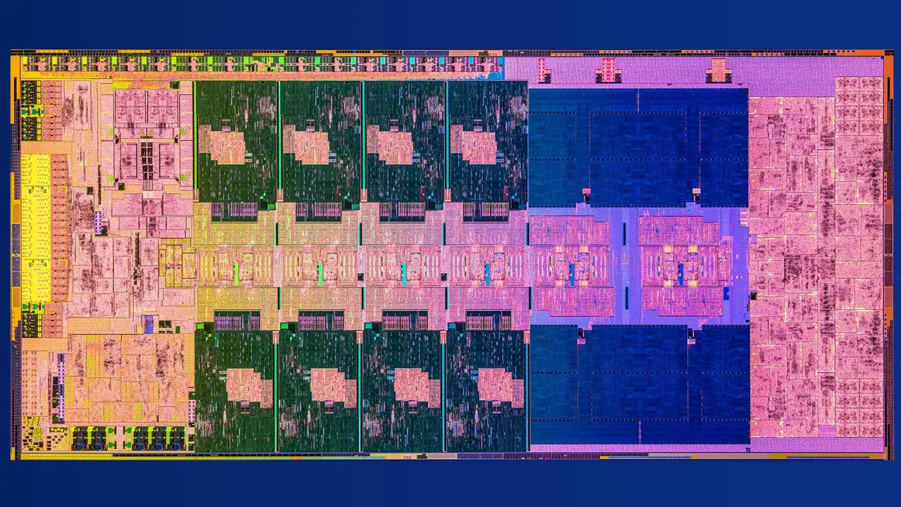 Detailaufnahme eines Intel Raptor Lake Prozessors mit bunten Schaltkreisen.
