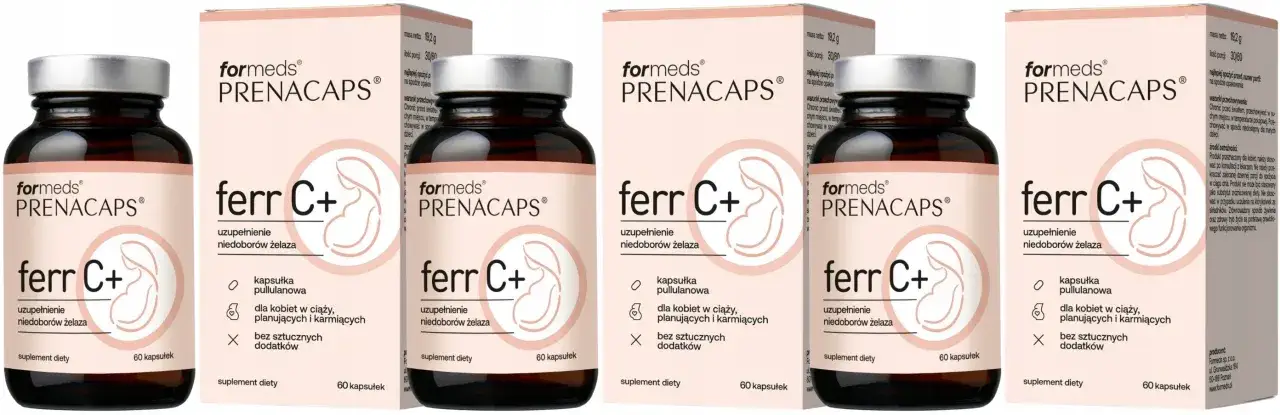 Formeds Prenacaps ferr C+ to suplement diety w kapsułkach pullulanowych, uzupełniający niedobory żelaza. Idealny dla kobiet w ciąży, planujących i karmiących. Bez sztucznych dodatków.