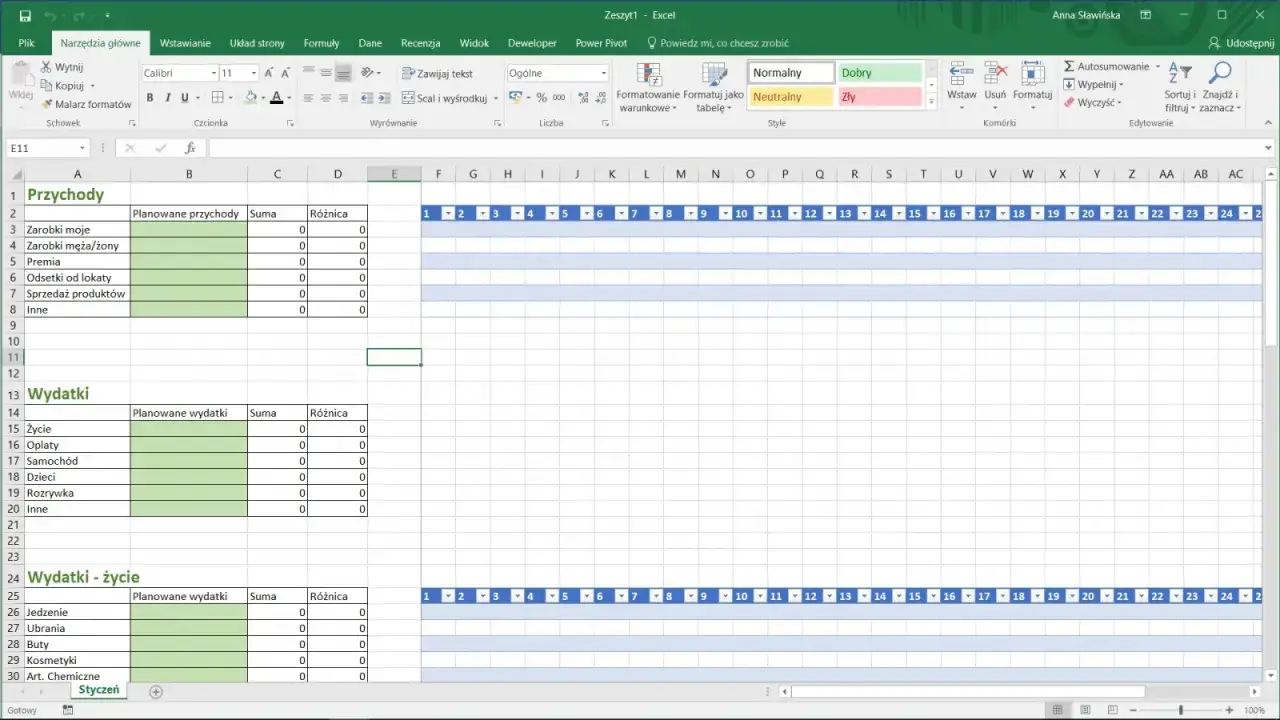 Arkusz Excel z podziałem na przychody i wydatki, z kolumnami na planowane kwoty, sumę i różnicę. To narzędzie do tworzenia budżetu miesięcznego.