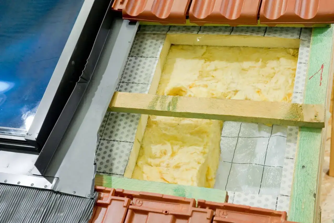 Widok na postęp prac przy dachu: wełna mineralna wypełnia przestrzeń, przygotowując do dalszych etapów, które wpłyną na koszt ocieplenia poddasza.