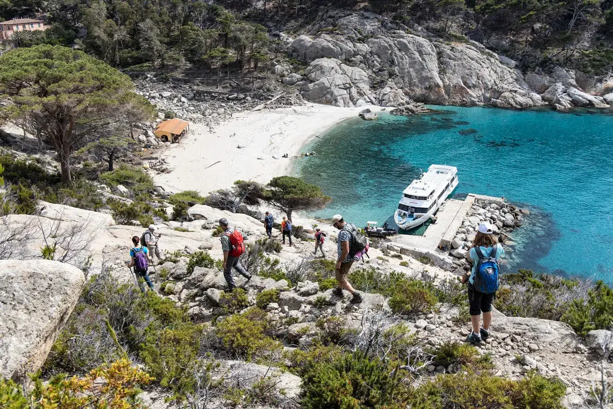 Escursionisti esplorano sentieri rocciosi verso una spiaggia bianca e acque turchesi sull'isola di Montecristo, con una nave da crociera ormeggiata.