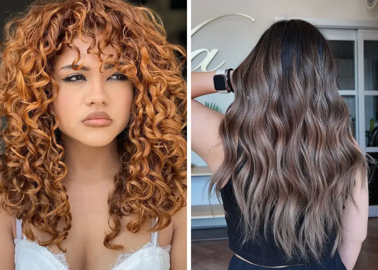 Deux femmes montrent les différentes couleurs de cheveux : une avec des boucles rousses vibrantes, l'autre avec des ondulations brun clair et des reflets.