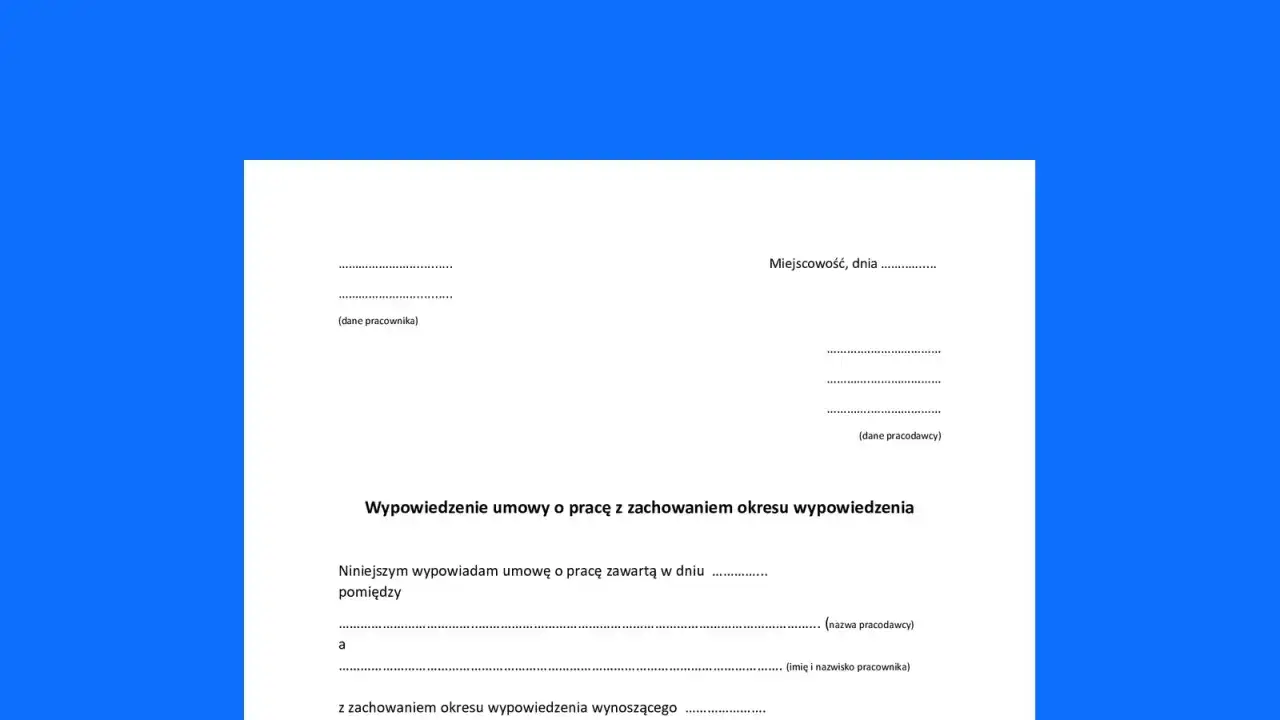 Wypowiedzenie umowy o pracę za porozumieniem stron - wzór. Dokument zawiera pola na dane pracownika i pracodawcy oraz treść wypowiedzenia.