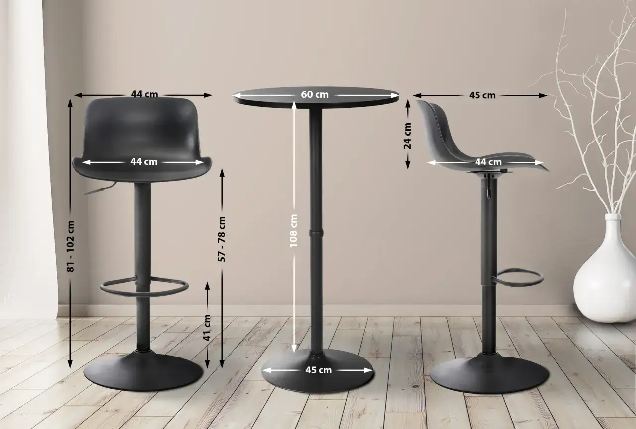 Ein Bartisch ist 108 cm hoch. Dazu passende Barhocker sind 81-102 cm verstellbar.