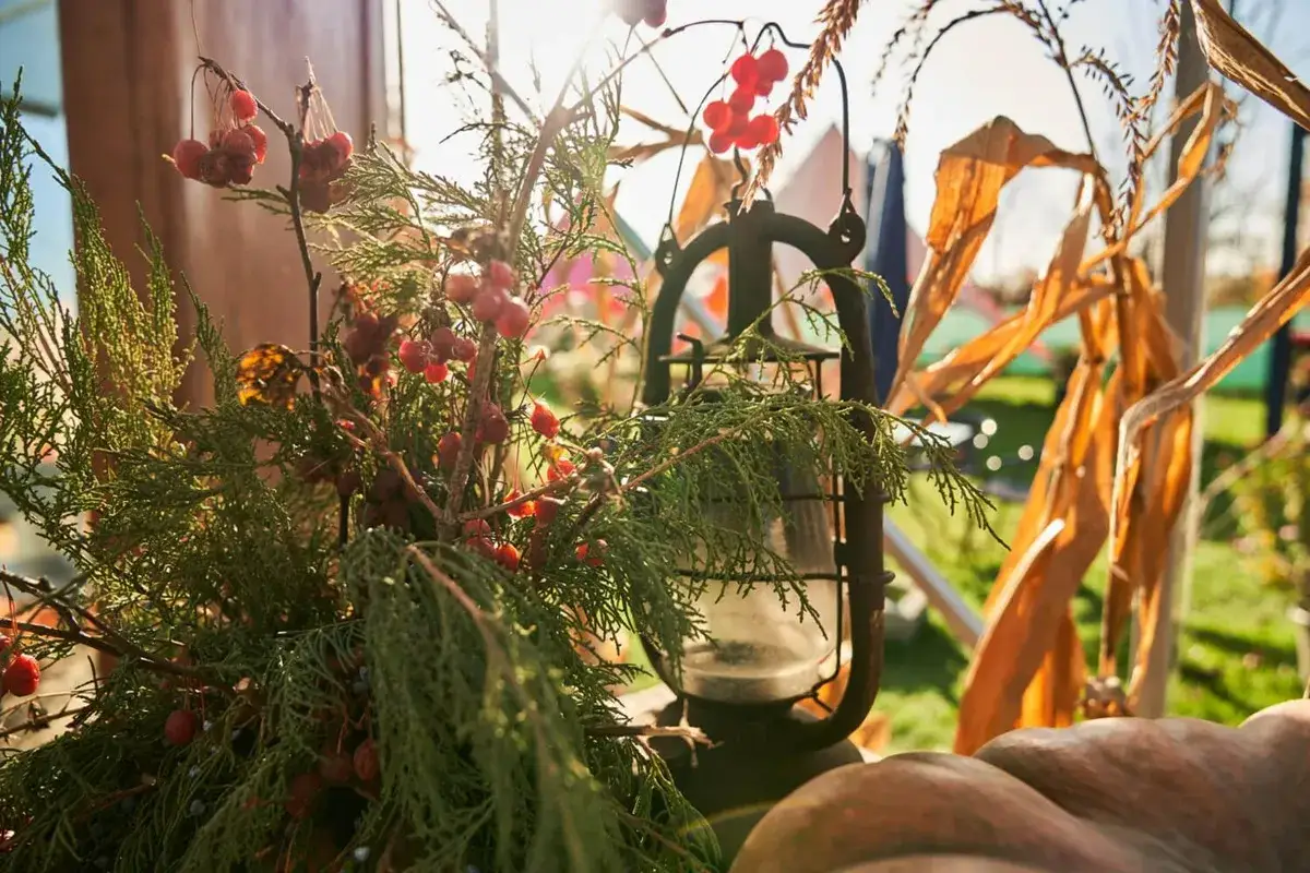 Ambiance automnale avec lanternes, baies rouges et feuillage pour une deco jardin boheme chic.