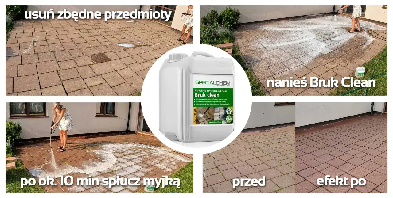 Usuwanie plam na kostce brukowej za pomocą środka Bruk Clean. Efekt czystej nawierzchni po zastosowaniu.