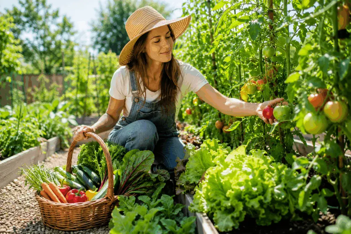 Donna raccoglie pomodori e verdure fresche in un orto rigoglioso. Un'ottima idea per capire cosa piantare a giugno!