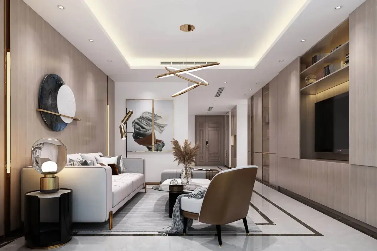 Nowoczesny salon z eleganckim, podwieszanym sufitem w salonie, designerską lampą i wygodną sofą.