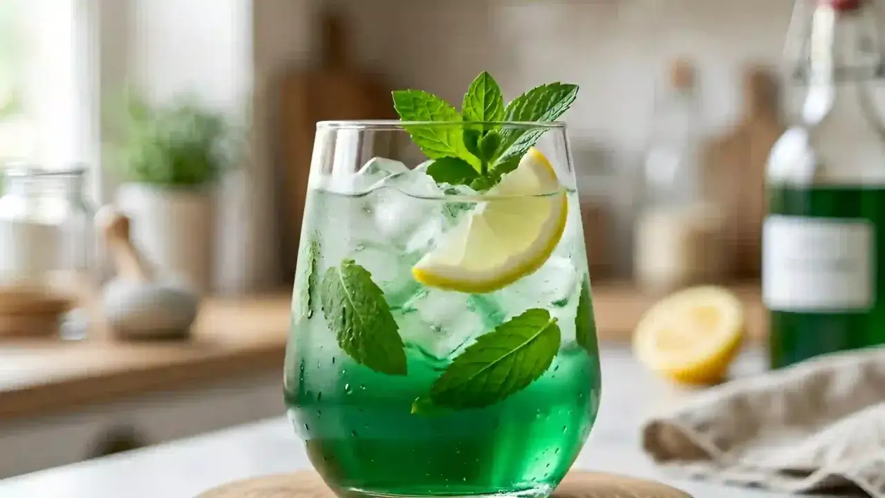 Un verre rafraîchissant de sirop de menthe maison, garni de feuilles de menthe fraîche et d'une tranche de citron, avec des glaçons.