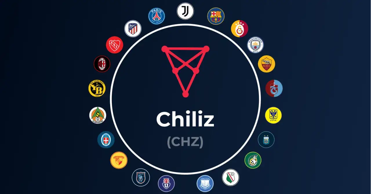 Chiliz (CHZ) Logo mit vielen Fußballclub-Logos im Kreis.