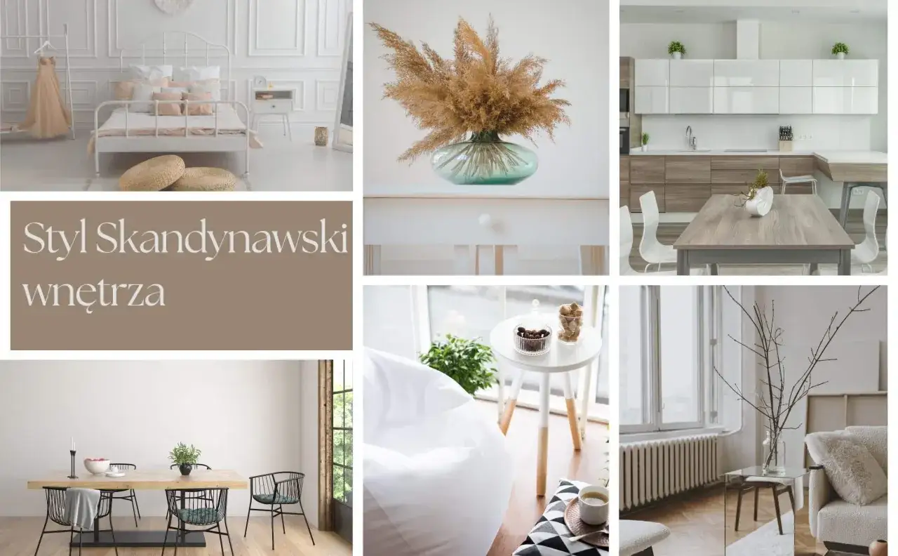 Inspirujące wnętrza w stylu skandynawskim: sypialnia, kuchnia, jadalnia i przytulny kącik z pufą.