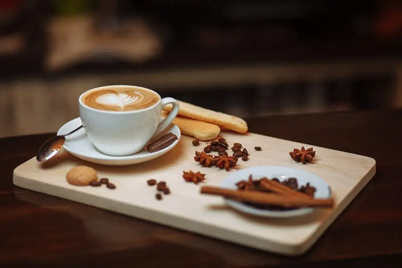 Un cappuccino con latte art, biscotti, chicchi di caff&egrave; e spezie. Un'idea per capire come si fa il caff&egrave; con la macchinetta, per un momento di puro piacere.