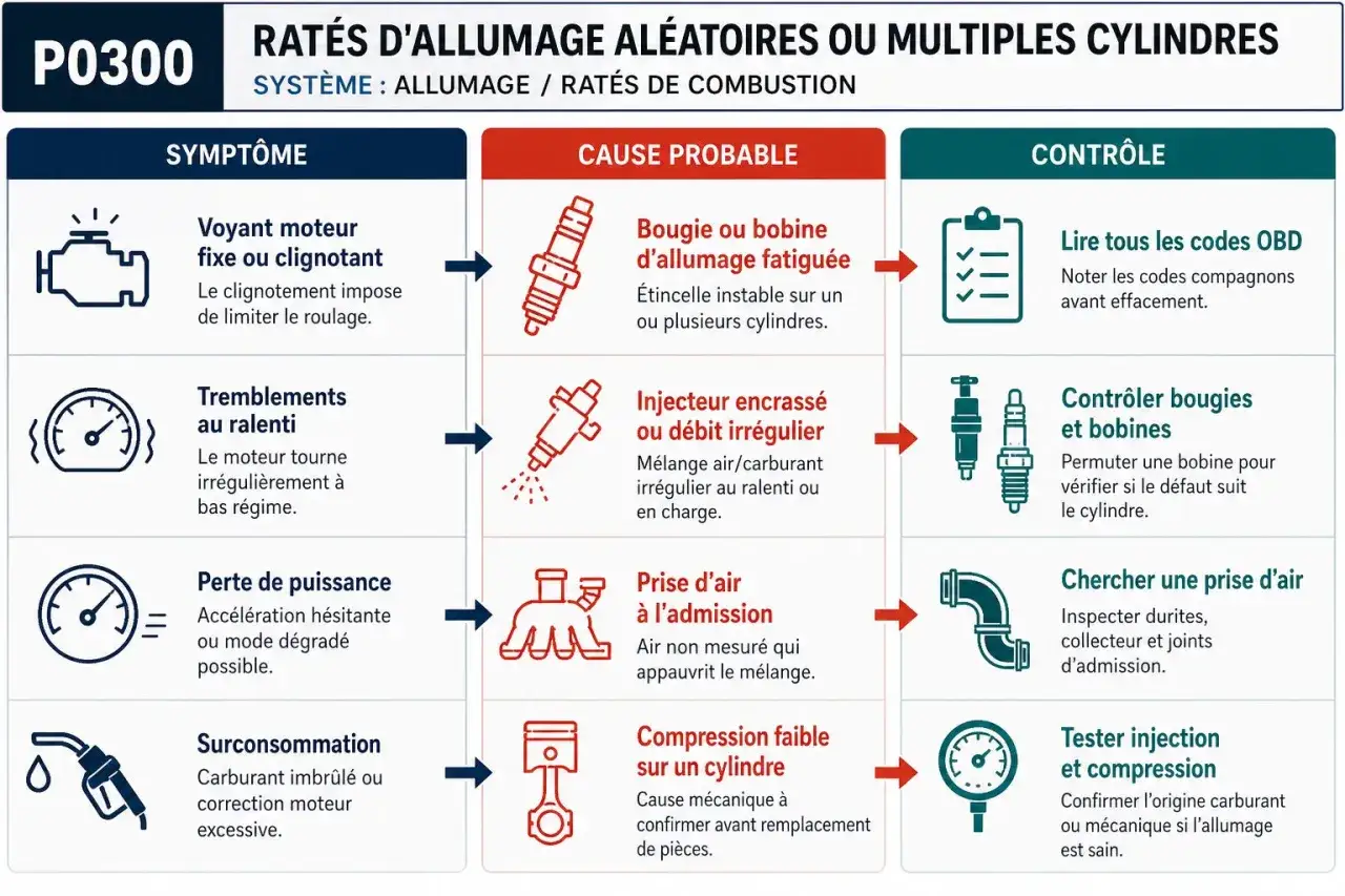 Tableau P0300 : ratés d'allumage. Causes probables : bougie fatiguée, injecteur encrassé, prise d'air, compression faible. Contrôles : codes OBD, bougies, bobines, injection. Une voiture qui broute en roulant essence peut avoir ces soucis.