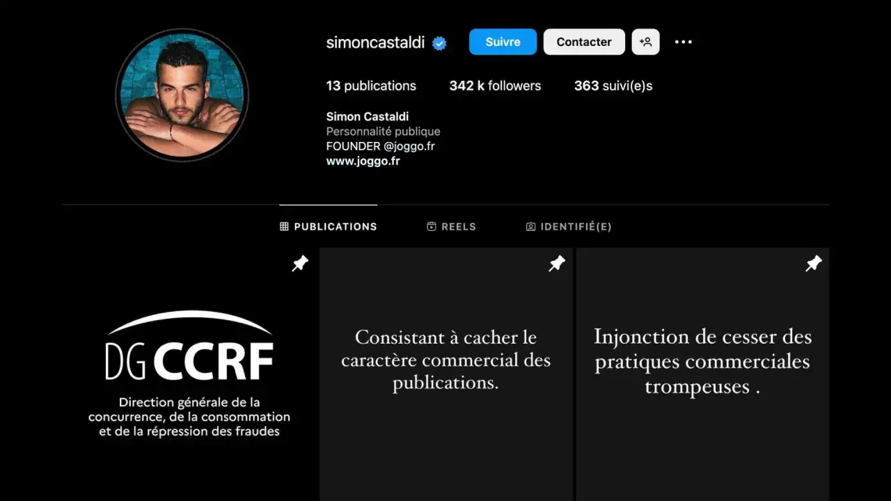 Profil d'influenceur avec un logo DGCCRF. L'image &eacute;voque une potentielle arnaque influenceur, avec des publications mentionnant des pratiques commerciales trompeuses.