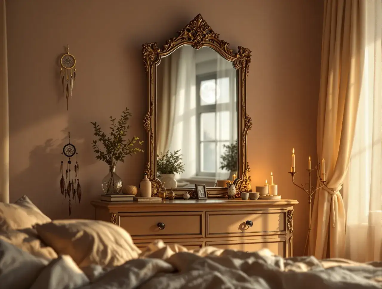 Eleganckie lustro nad komodą, łapacze snów na ścianie i świece tworzą przytulną atmosferę. Może to jest powód, dlaczego nie można mieć lustra naprzeciwko łóżka.