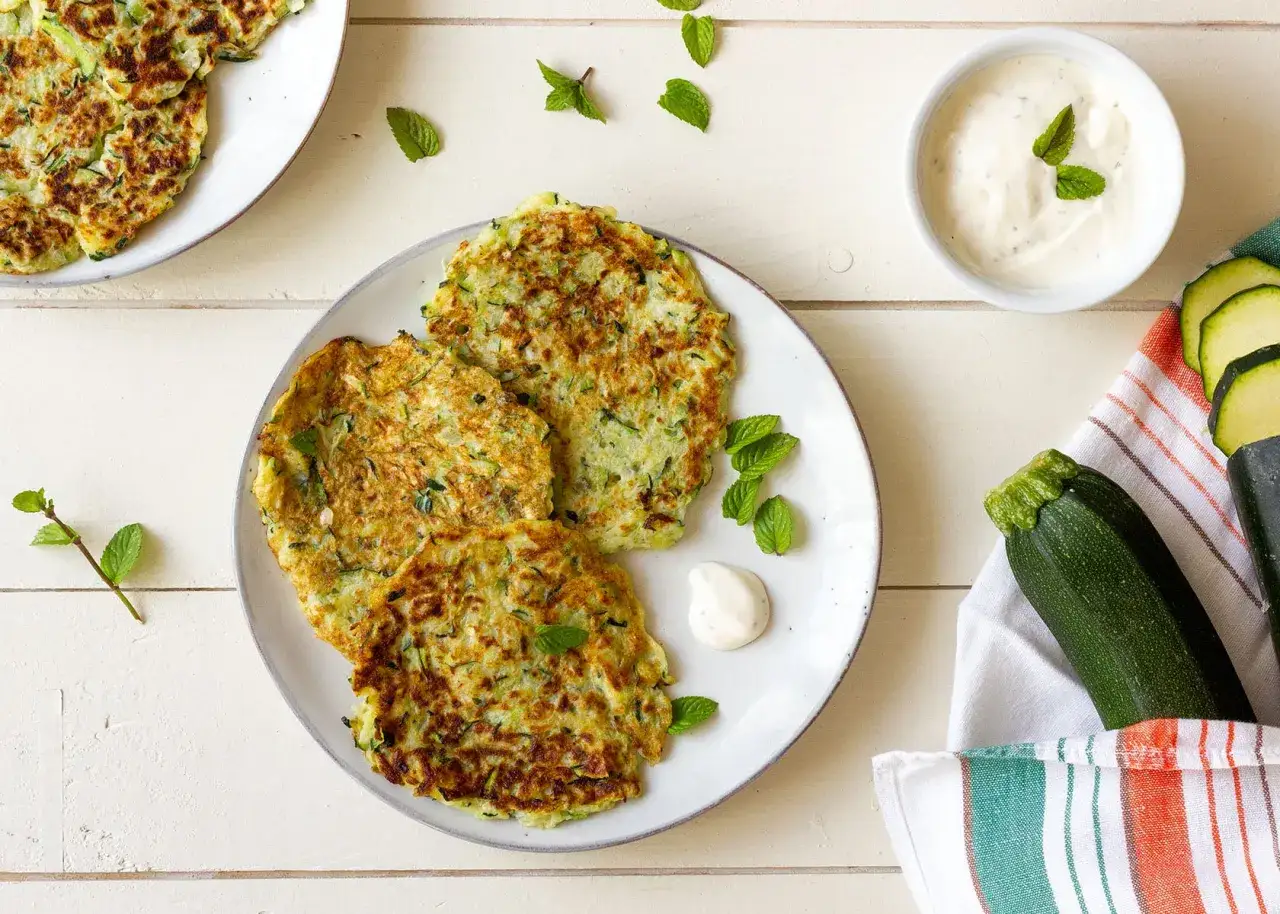 Goldbraune Zucchinipuffer, perfekt für Kinder, garniert mit Minze, daneben ein Dip und frische Zucchini.