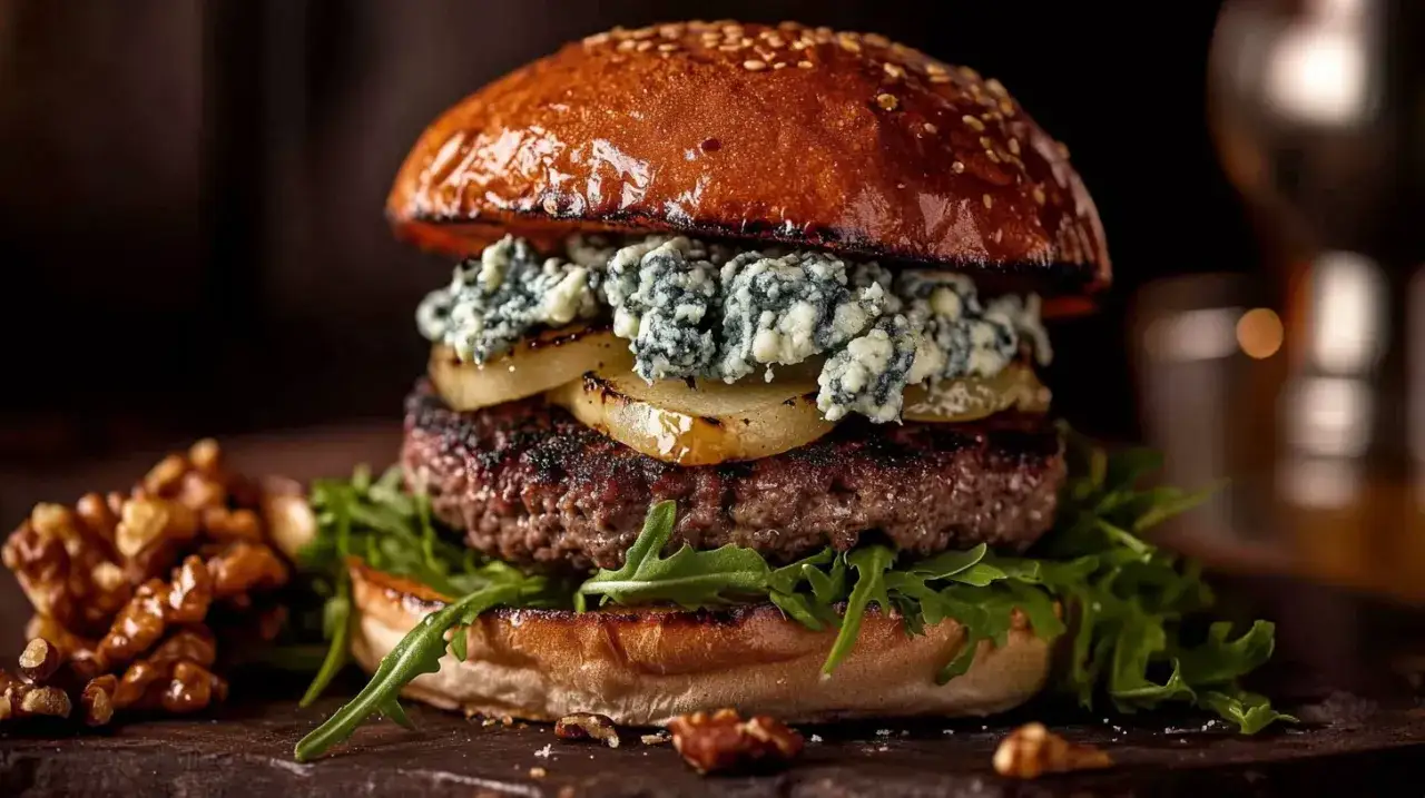 Burger gourmand avec un généreux fromage bleu émietté, des rondelles de poire caramélisées et une viande juteuse.