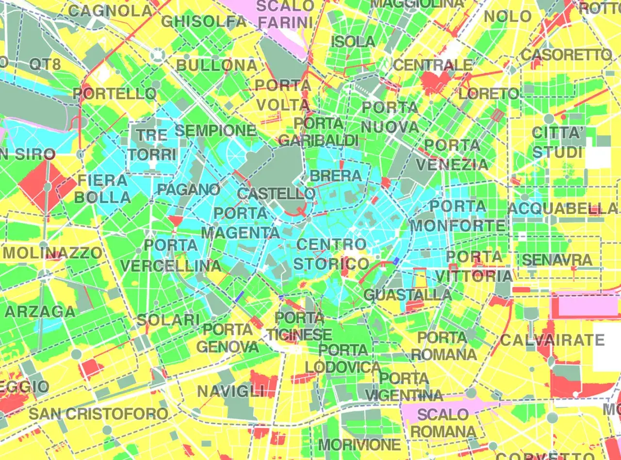 Mappa di Milano con zone colorate e nomi dei quartieri. Ideale per scoprire dove mangiare in città, esplorando zone come Brera, Navigli e Centro Storico.