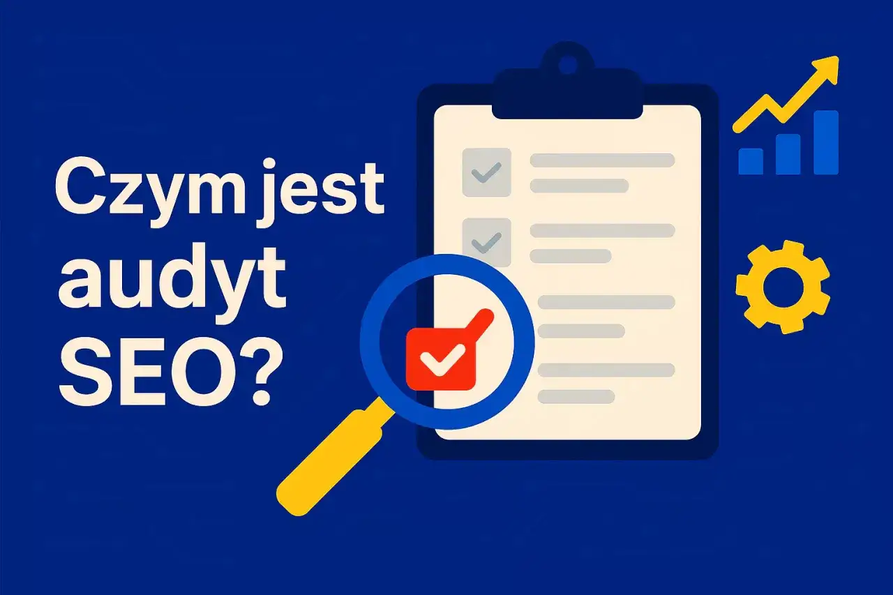 Audyt SEO: lupa bada listę zadań na tablicy, obok wykres wzrostu i trybik. Kluczowe dla techniczne seo.