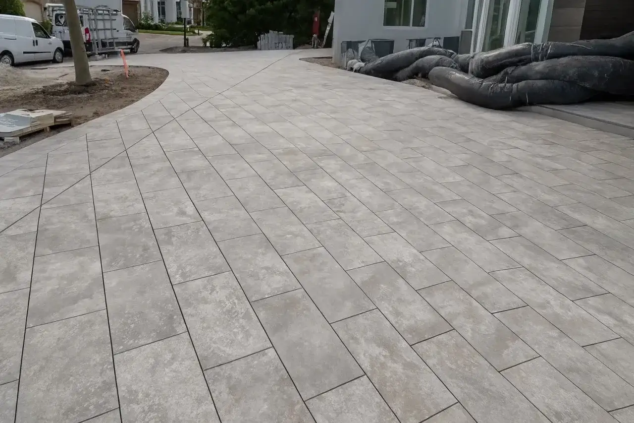 Nowy podjazd do garażu pod g&oacute;rkę, wyłożony szarymi płytami. W tle biała furgonetka i budynek.