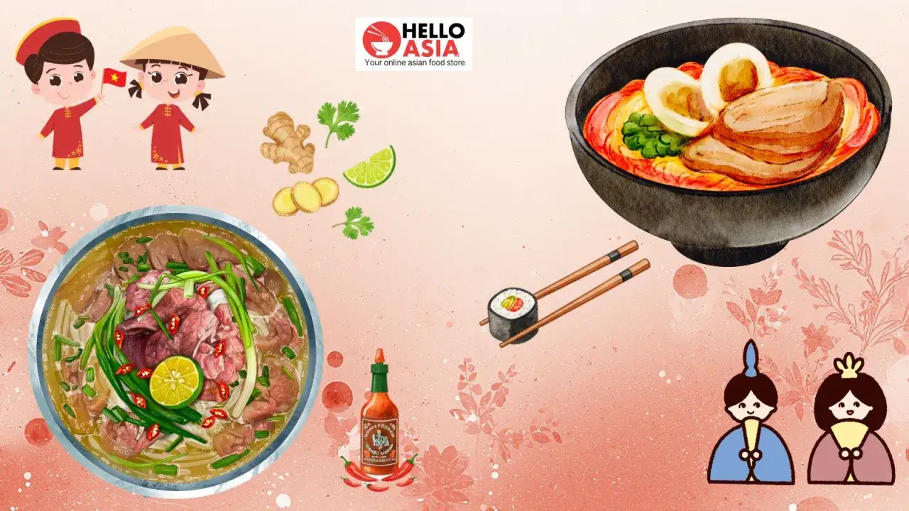 Der Unterschied zwischen Pho und Ramen: Eine Sch&uuml;ssel Pho mit Rindfleisch und Limette, daneben eine Sch&uuml;ssel Ramen mit Ei und Schweinefleisch.