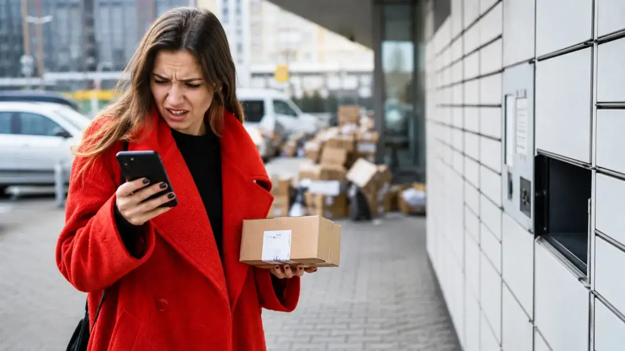 Zmartwiona kobieta z paczką w dłoni sprawdza telefon, zastanawiając się, czy jak nie odbiore paczki to dostane zwrot pieniedzy.