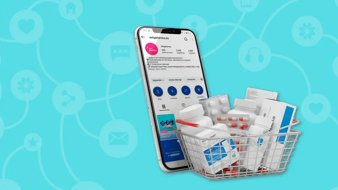 M&oacute;vil mostrando perfil de Instagram de agencia de marketing farmac&eacute;utico, con cesta de medicamentos. Ideal para marketing relacional.