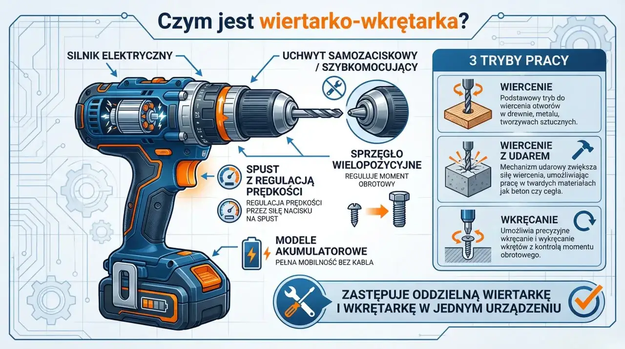 Wiertarko-wkrętarka z regulowanym sprzęgłem, które kontroluje moment obrotowy. Urządzenie ma silnik elektryczny, uchwyt samozaciskowy i 3 tryby pracy.