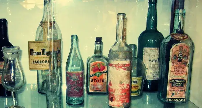 butelki r&oacute;żnych polskich alkoholi w&oacute;dka piwo wino