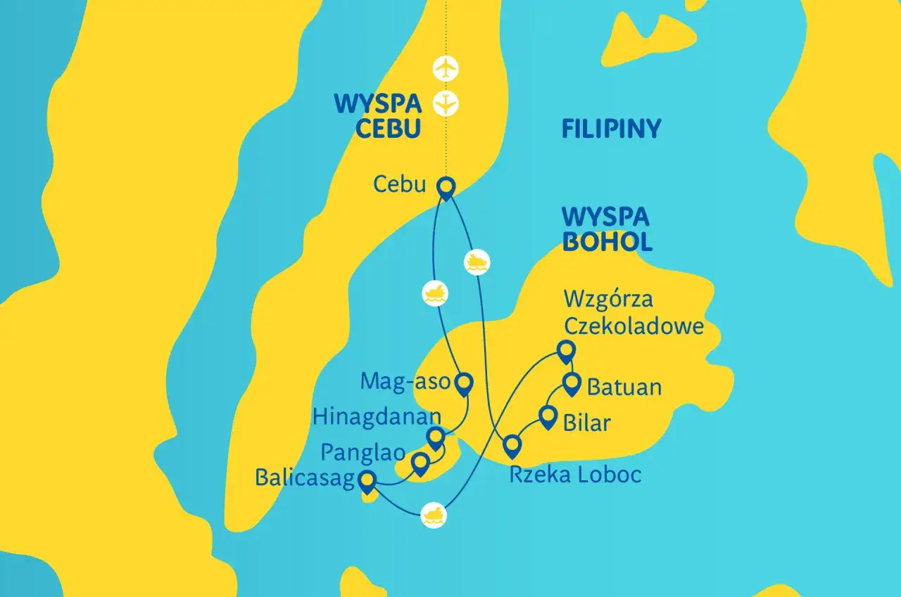 Mapa Filipin z zaznaczonymi wyspami Cebu i Bohol, atrakcjami jak Wzgórza Czekoladowe. Planujesz podróż? Sprawdź, ile kosztuje bilet na Filipiny!