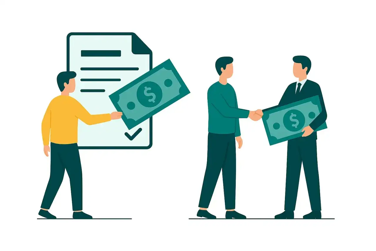 Pracownik otrzymuje premię uznaniową za dobrze wykonaną pracę. Biznesmen wręcza mu banknot.