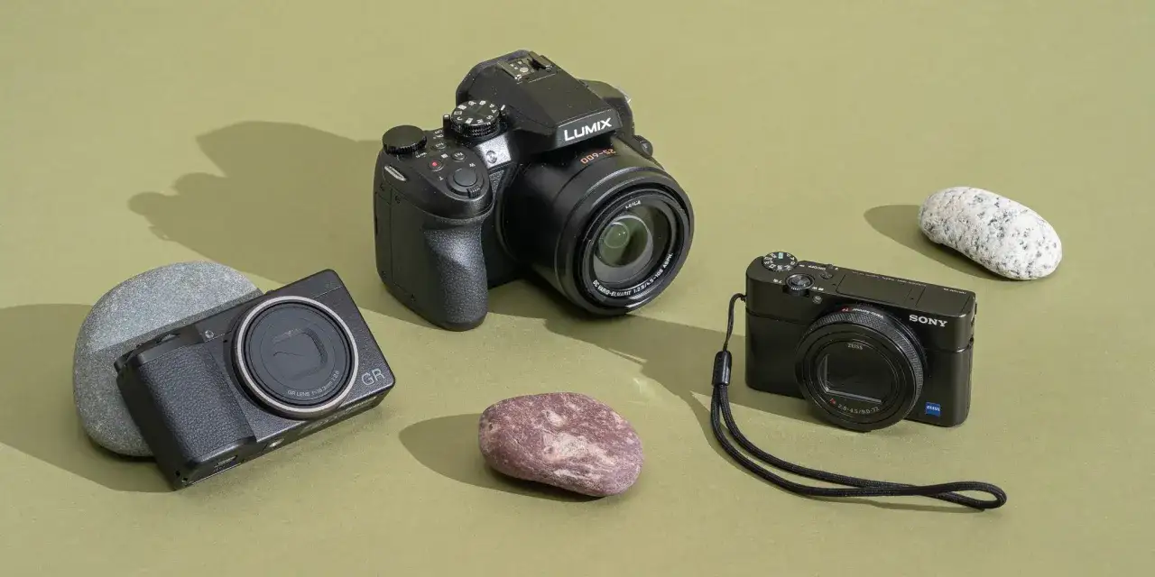 Trzy aparaty kompaktowe: Lumix, Sony i Ricoh GR, ułożone na zielonym tle. Porównanie modeli do rankingu.