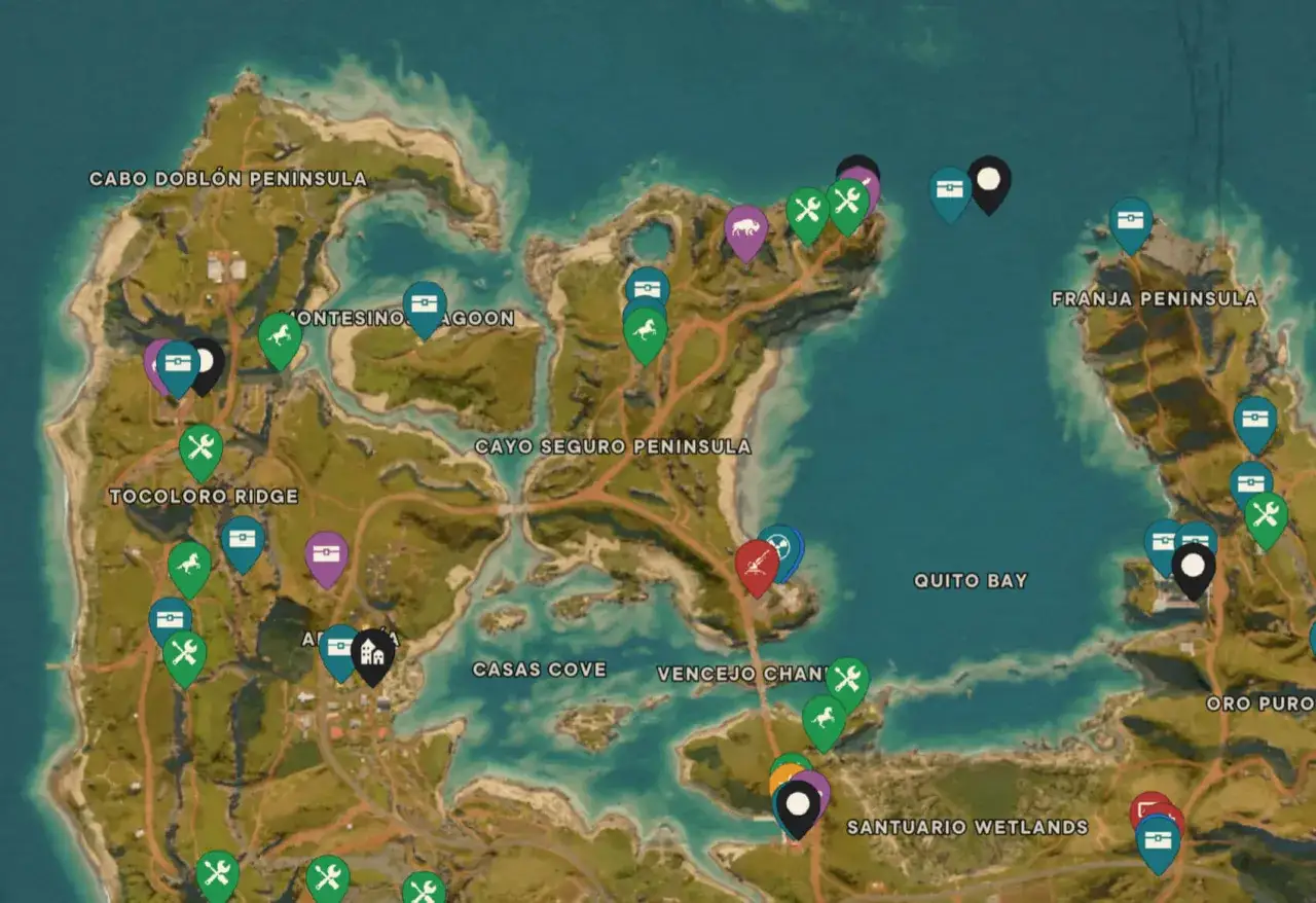 Mapa z ikonami Far Cry 6 poradnik: skrzynki, konie, narzędzia i inne znaczniki na wyspach Cabo Doblon, Tocoloro Ridge, Cayo Seguro, Franja i w Quito Bay.