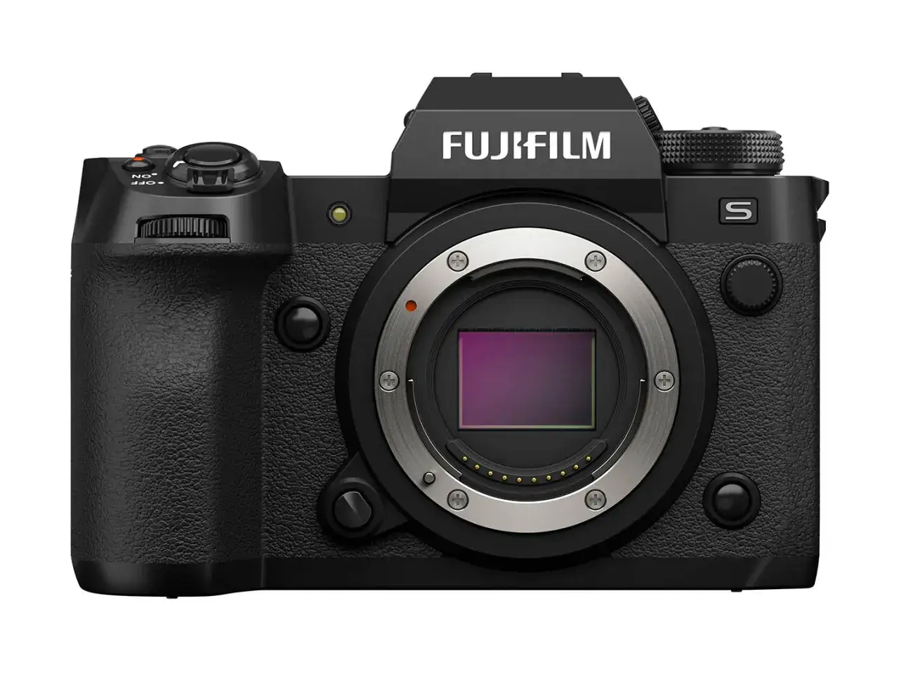 Czarny aparat Fujifilm xh2s z metalowym bagnetem obiektywu i wyraźnym logo producenta.