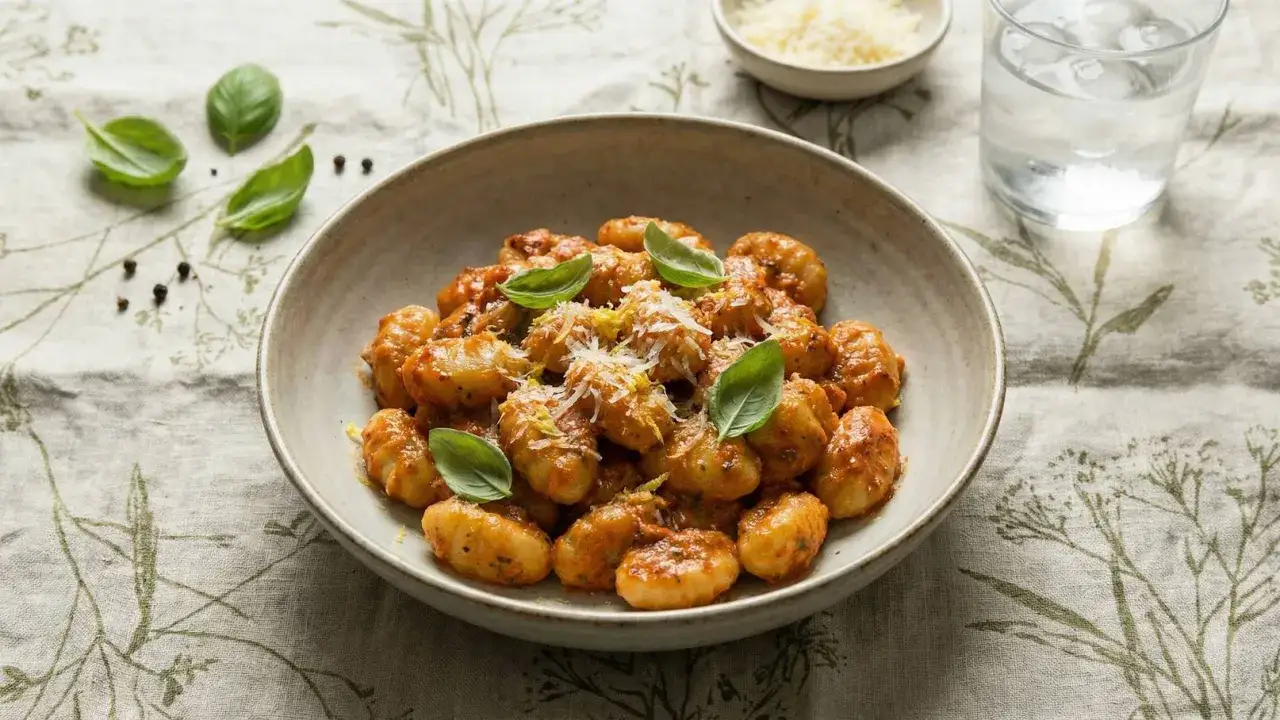 Schüssel mit Gnocchi in Pesto-Sauce, garniert mit Basilikum und Parmesan. Ein Glas Wasser und eine Schale geriebenen Käse stehen daneben.