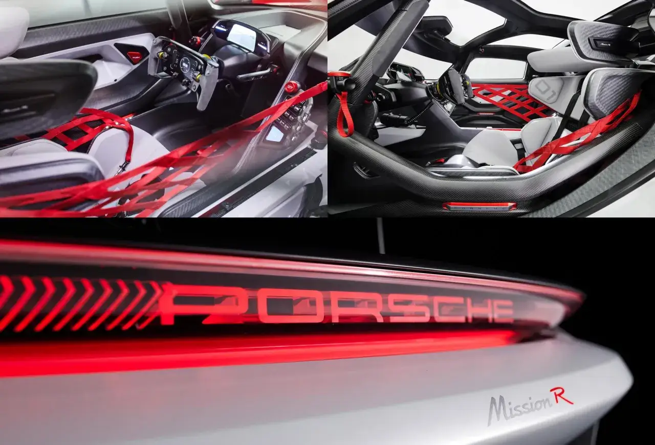 Wnętrze Porsche Mission R z wyścigowymi pasami i futurystycznym kokpitem. Z tyłu świecący napis PORSCHE i logo Mission R.