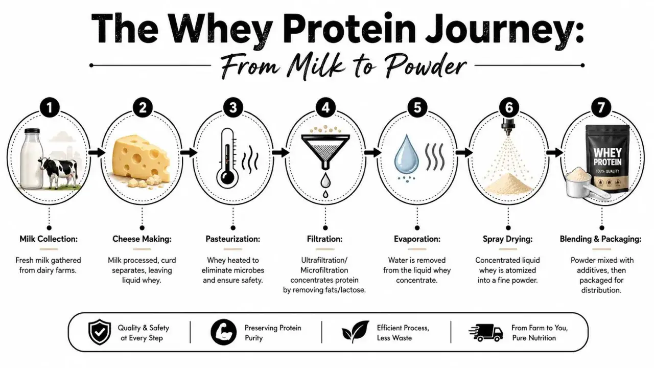 Der Prozess, wie wird proteinpulver hergestellt, beginnt mit Milchsammlung, K&auml;seherstellung, Pasteurisierung, Filtration, Verdampfung, Spr&uuml;htrocknung und Verpackung.