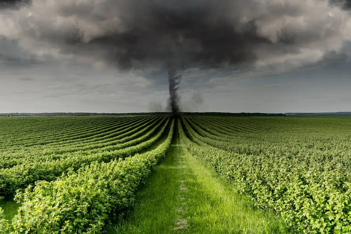 Potężny lej tornado nad polem zielonych krzewów. Ciemne chmury zapowiadają ostrzeżenie przed silnym wiatrem.
