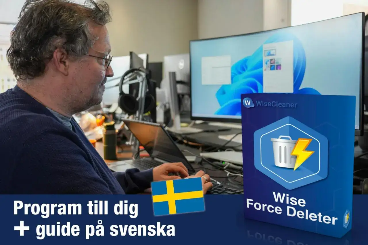 Man sitter vid datorn, redo att rensa datorn med Wise Force Deleter. Programmet och en guide p&aring; svenska.