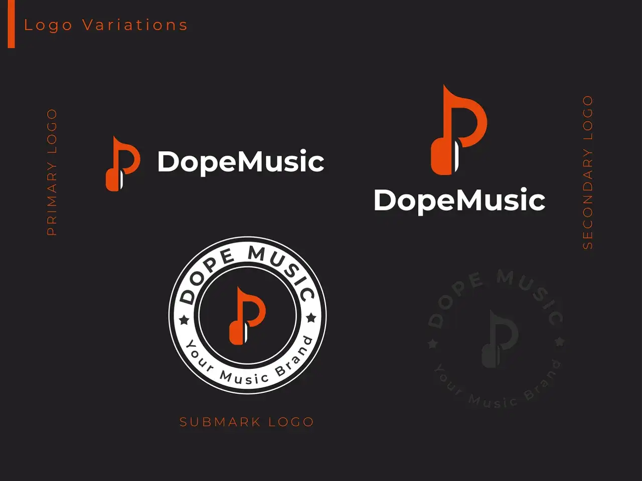 Variations de logo pour DopeMusic : logo principal, logo secondaire et sous-marque. Ces id&eacute;es de logo musical sont styl&eacute;es.