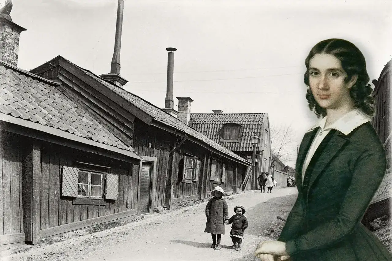 En kvinna, kanske Wendela Hebbe, betraktar en gammal svensk stadsgata med barn.