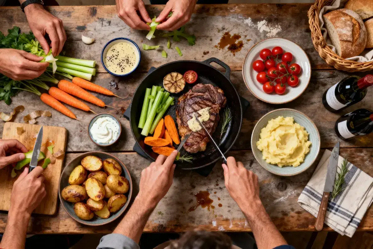 Un repas convivial : steak, légumes, purée, pain et vin. Idéal pour savoir quel vin avec une pierrade.