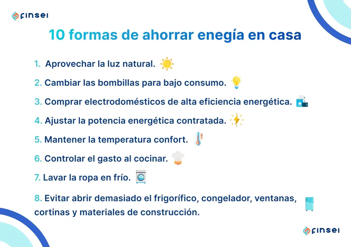 Lista de 10 consejos para reducir el consumo el&eacute;ctrico en casa, incluyendo optimizar la luz natural, usar bombillas de bajo consumo y electrodom&eacute;sticos eficientes.