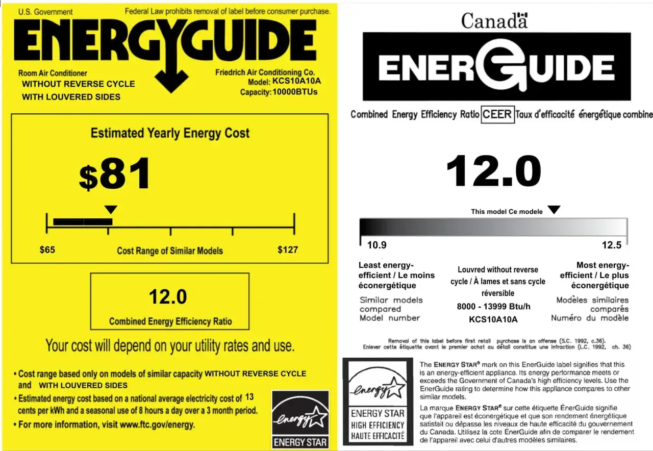 Etiqueta EnerGuide para un cop aire acondicionado, con costo anual estimado de $81 y una eficiencia de 12.0.