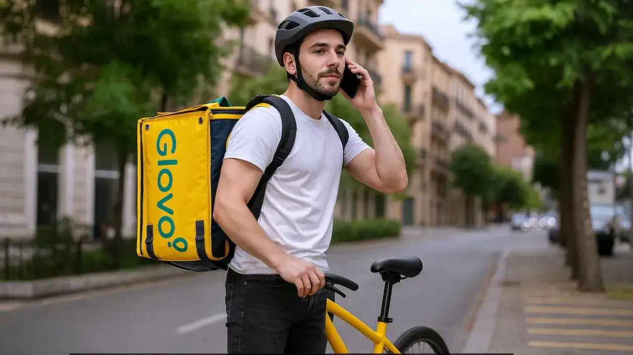 Kurier Glovo z ż&oacute;łtą torbą na plecach rozmawia przez telefon, stojąc obok roweru. Sprawdza swoje glovo bloki czasowe.